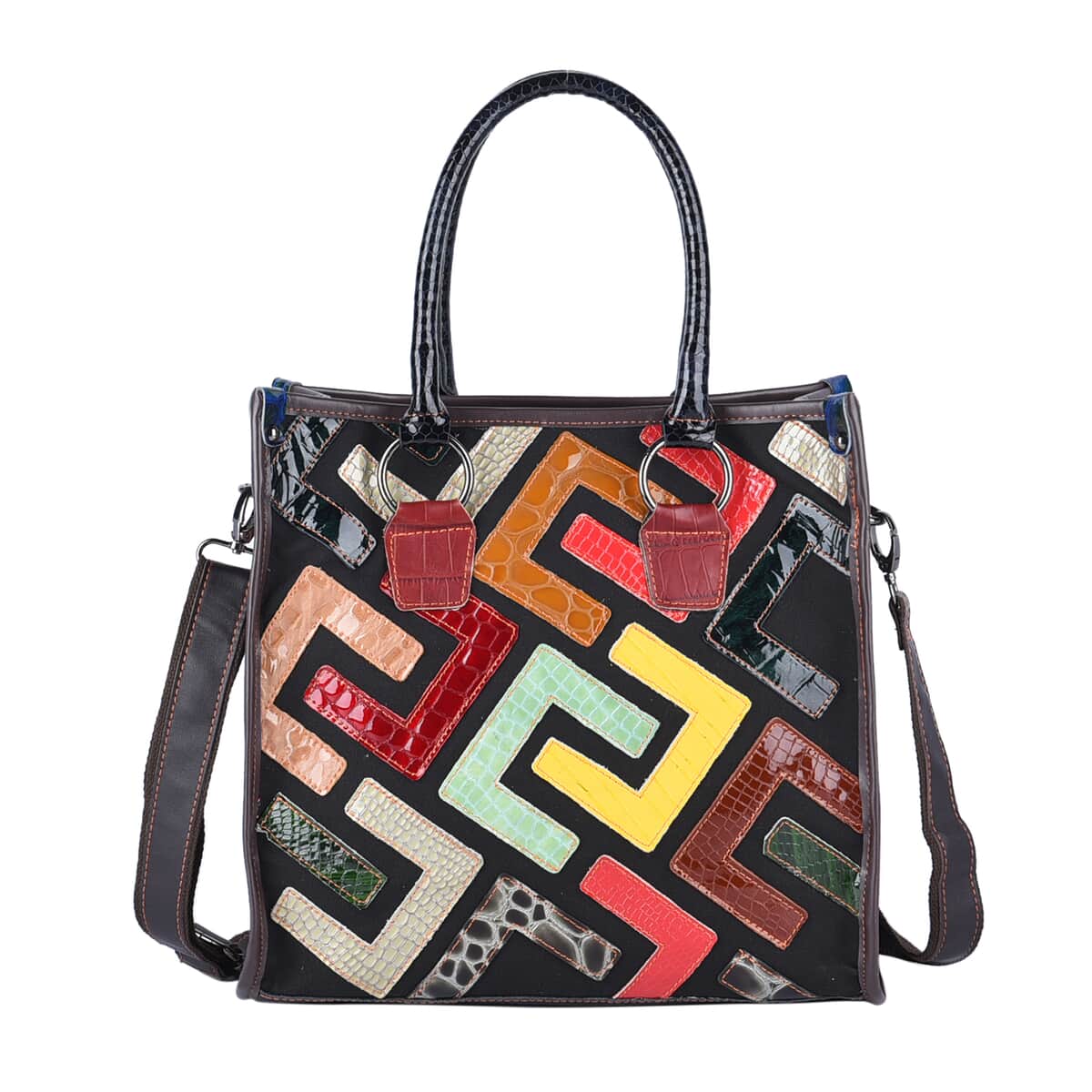 CHAOS BY ELSIE Multi Shining Color Fret Pattern Genuine Leather Convertible Tote Bag with Handle and Shoulder Strap image number 0