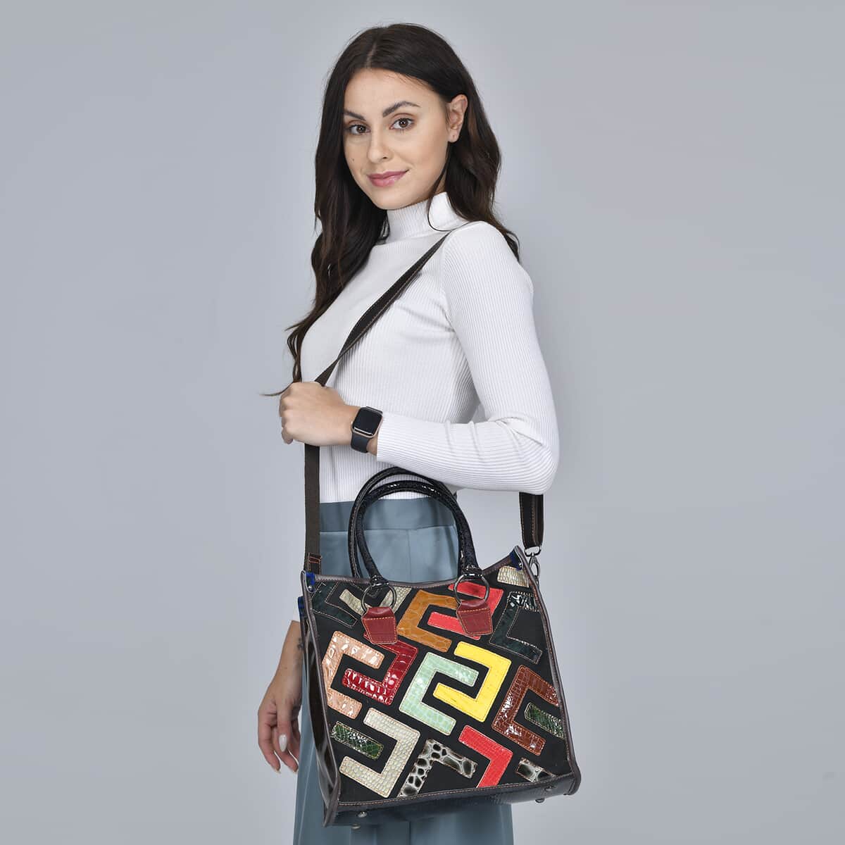 CHAOS BY ELSIE Multi Shining Color Fret Pattern Genuine Leather Convertible Tote Bag with Handle and Shoulder Strap image number 1