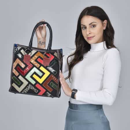 CHAOS BY ELSIE Multi Shining Color Fret Pattern Genuine Leather Convertible Tote Bag with Handle and Shoulder Strap image number 2