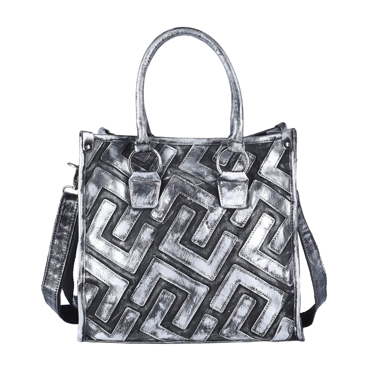 CHAOS BY ELSIE Silver and Black Color Fret Pattern Genuine Leather Convertible Tote Bag with Handle and Shoulder Strap image number 0