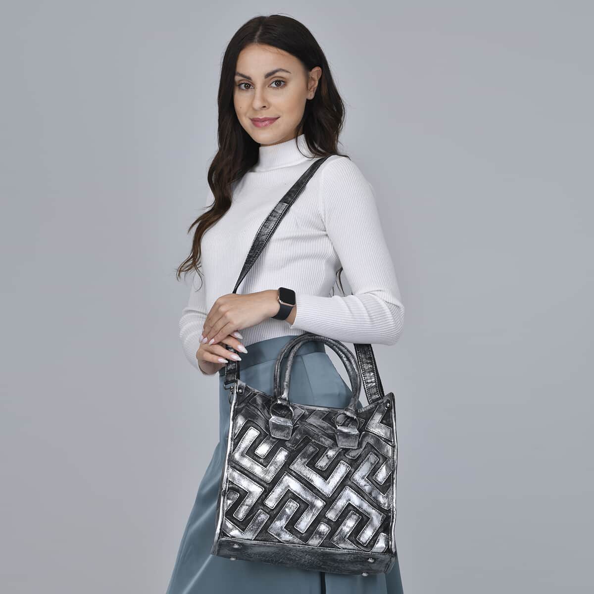 CHAOS BY ELSIE Silver and Black Color Fret Pattern Genuine Leather Convertible Tote Bag with Handle and Shoulder Strap image number 1
