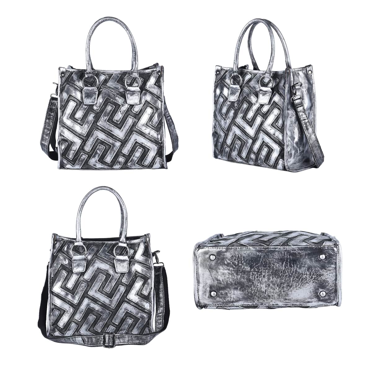 CHAOS BY ELSIE Silver and Black Color Fret Pattern Genuine Leather Convertible Tote Bag with Handle and Shoulder Strap image number 3