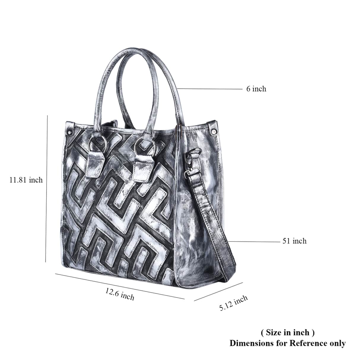 CHAOS BY ELSIE Silver and Black Color Fret Pattern Genuine Leather Convertible Tote Bag with Handle and Shoulder Strap image number 6
