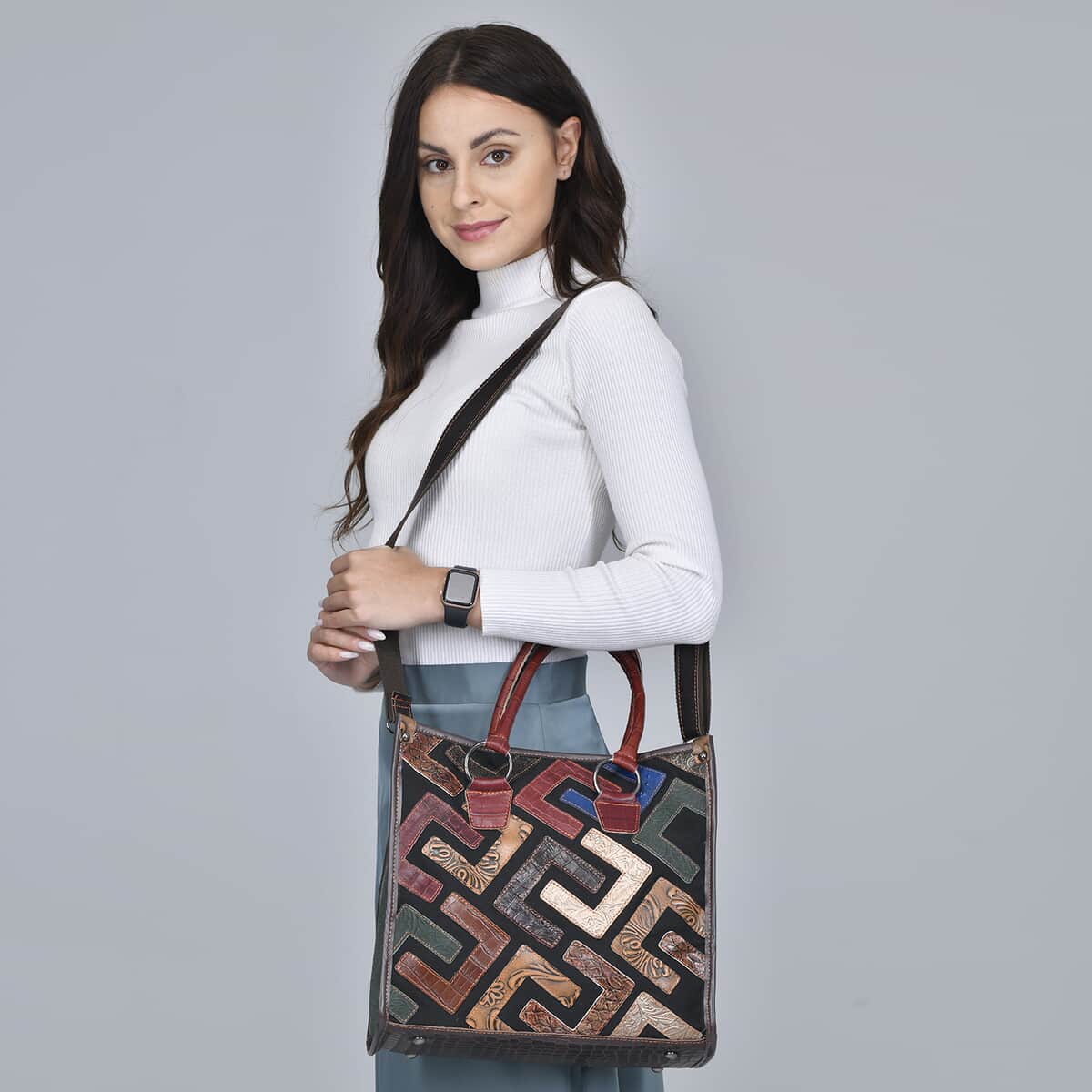 CHAOS BY ELSIE Multi Horsehair Fret Pattern Genuine Leather Convertible Tote Bag with Handle and Shoulder Strap image number 1
