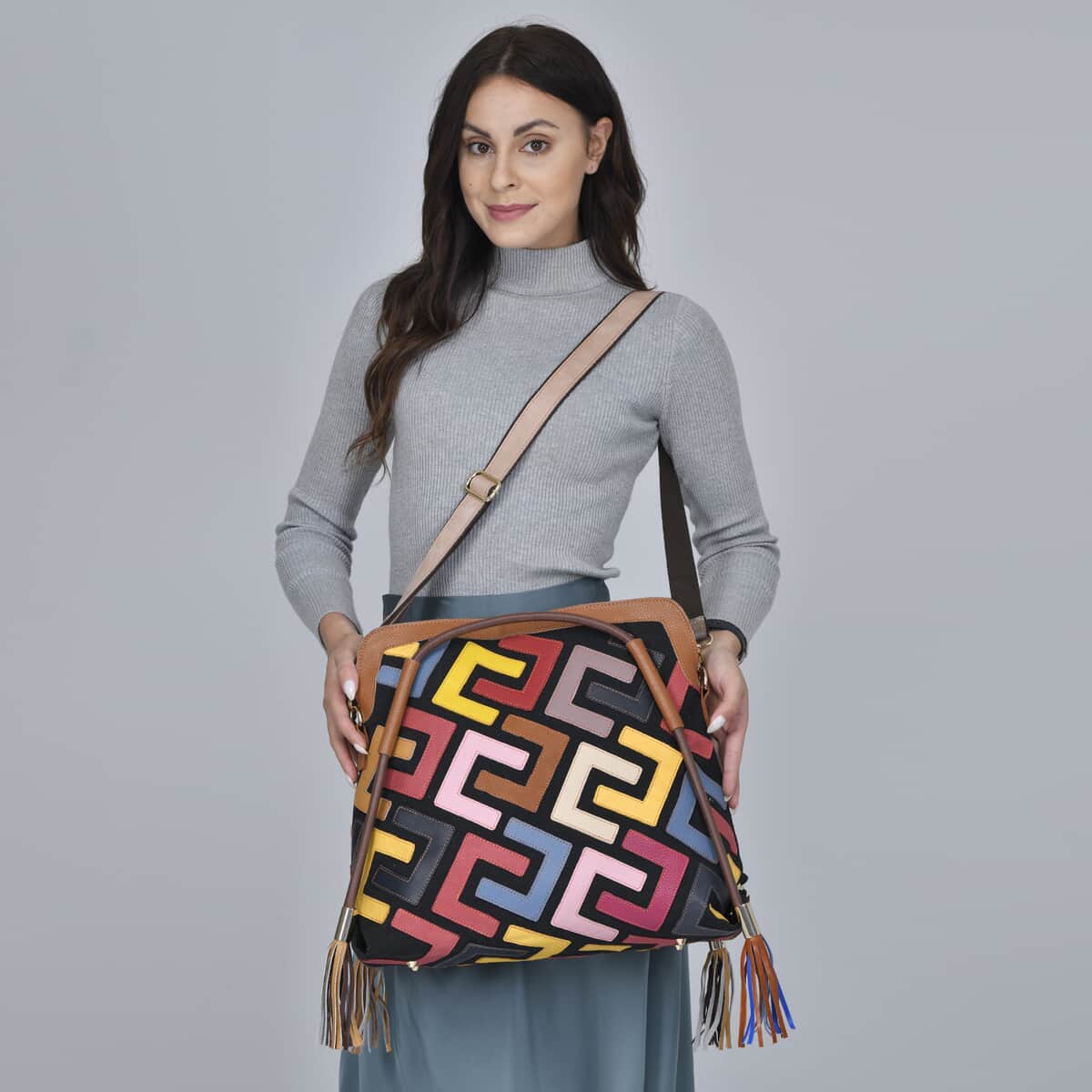 CHAOS BY ELSIE Multi Color Fret Pattern Genuine Leather Convertible Tote Bag with Handle and Shoulder Strap (16.54"x5.51"x13.78") image number 1