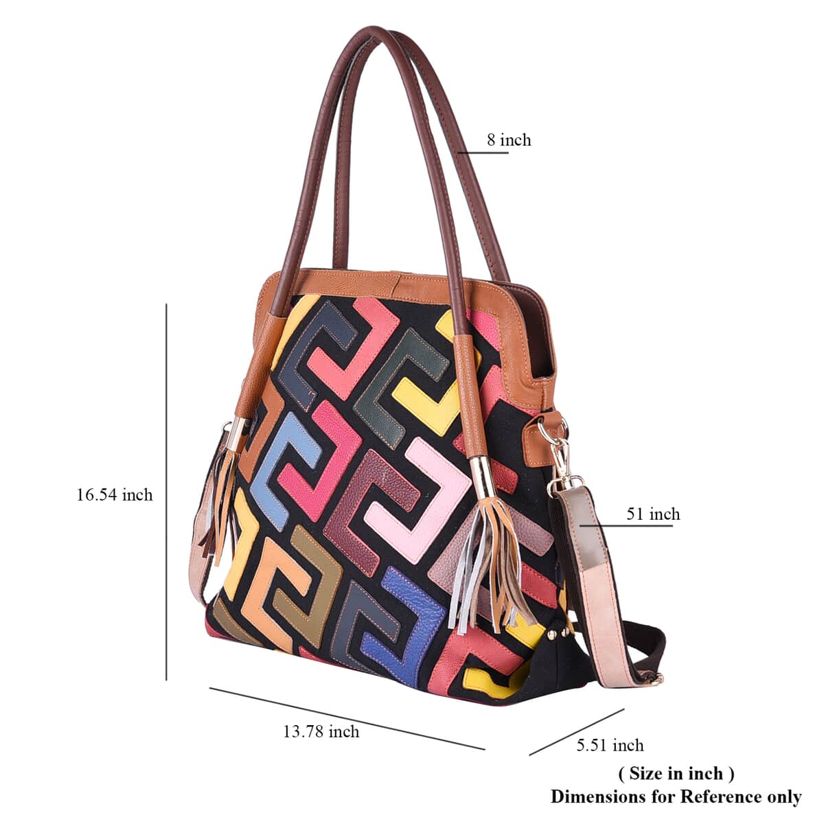 CHAOS BY ELSIE Multi Color Fret Pattern Genuine Leather Convertible Tote Bag with Handle and Shoulder Strap (16.54"x5.51"x13.78") image number 6