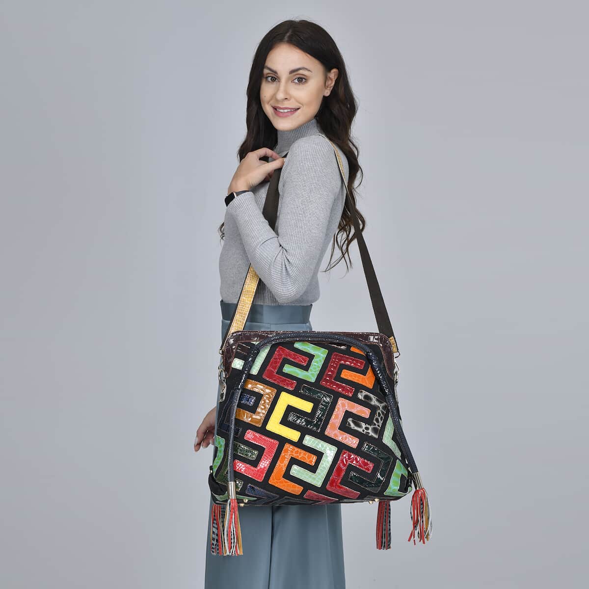 CHAOS BY ELSIE Multi Shining Color Fret Pattern Genuine Leather Convertible Tote Bag with Handle and Shoulder Strap image number 1
