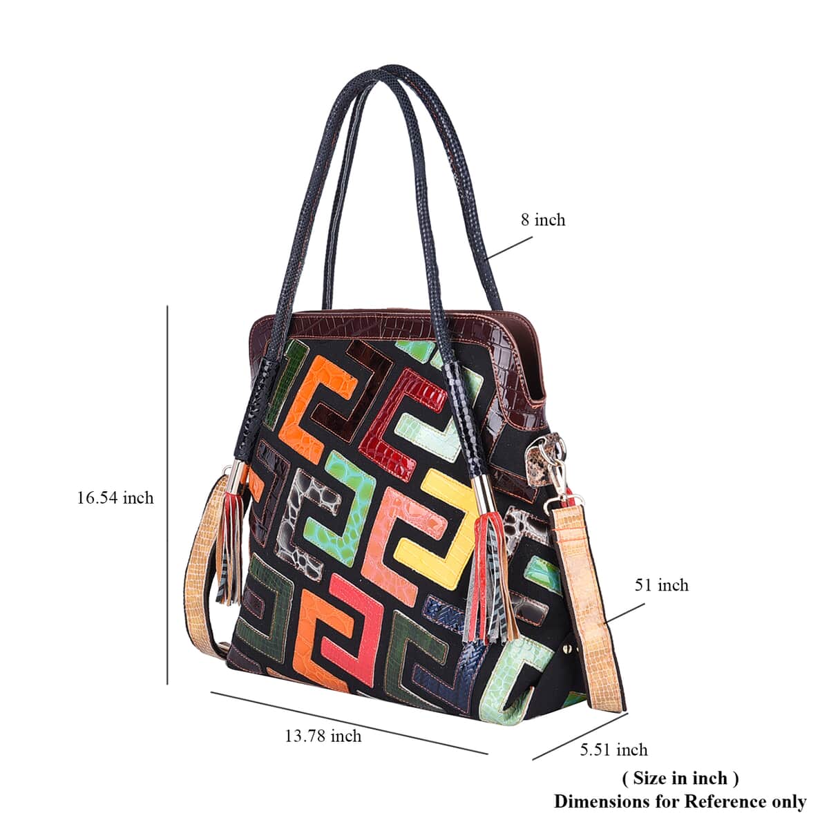 CHAOS BY ELSIE Multi Shining Color Fret Pattern Genuine Leather Convertible Tote Bag with Handle and Shoulder Strap image number 6