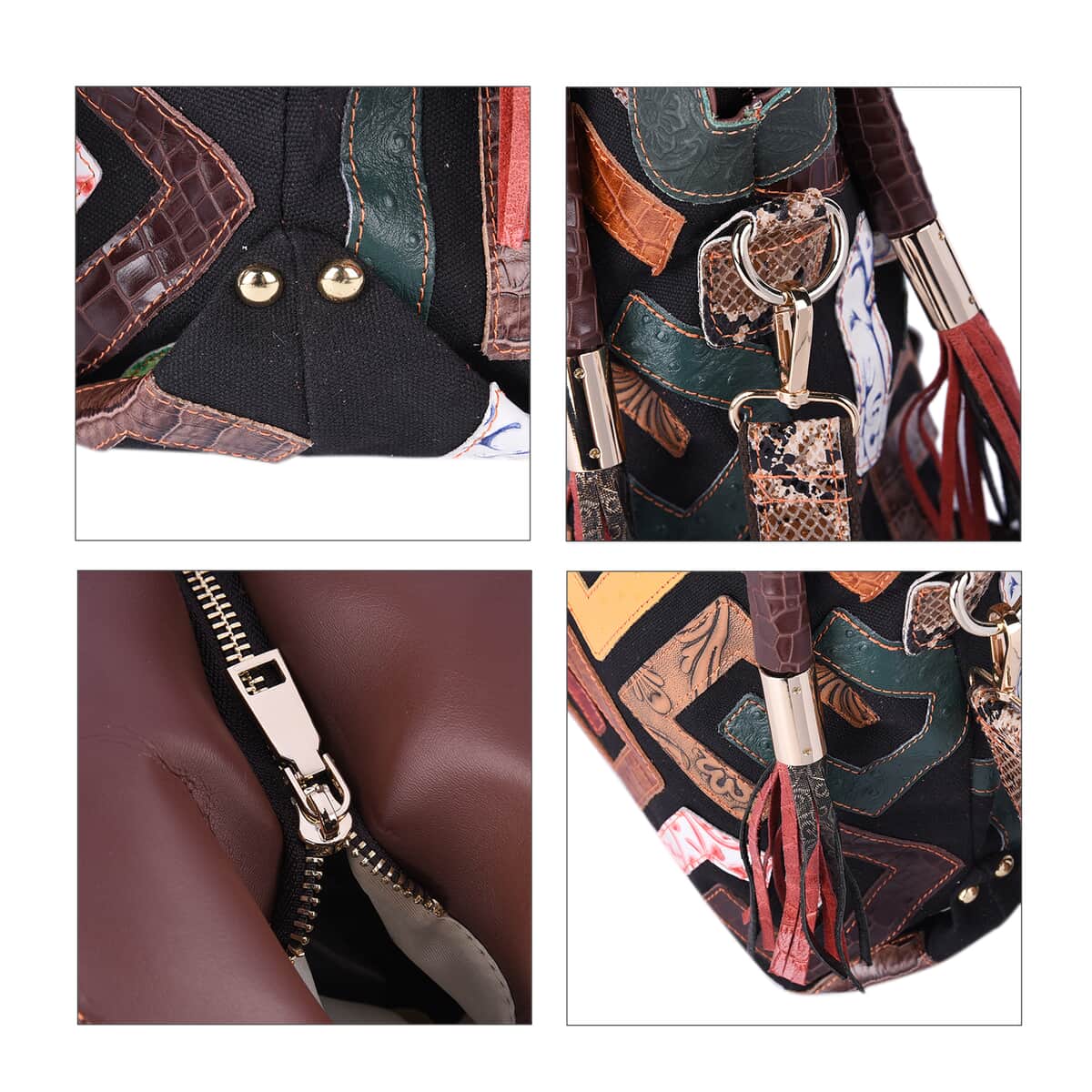 CHAOS BY ELSIE Multi Horsehire Color Fret Pattern Genuine Leather Convertible Tote Bag with Handle and Shoulder Strap image number 4