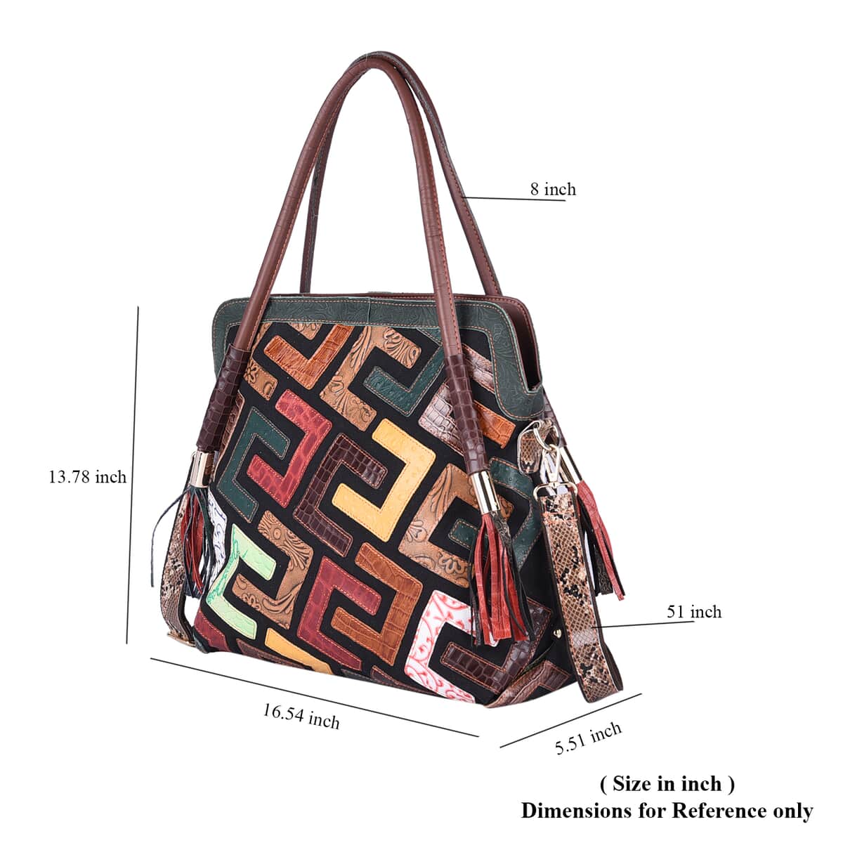 CHAOS BY ELSIE Multi Horsehire Color Fret Pattern Genuine Leather Convertible Tote Bag with Handle and Shoulder Strap image number 6