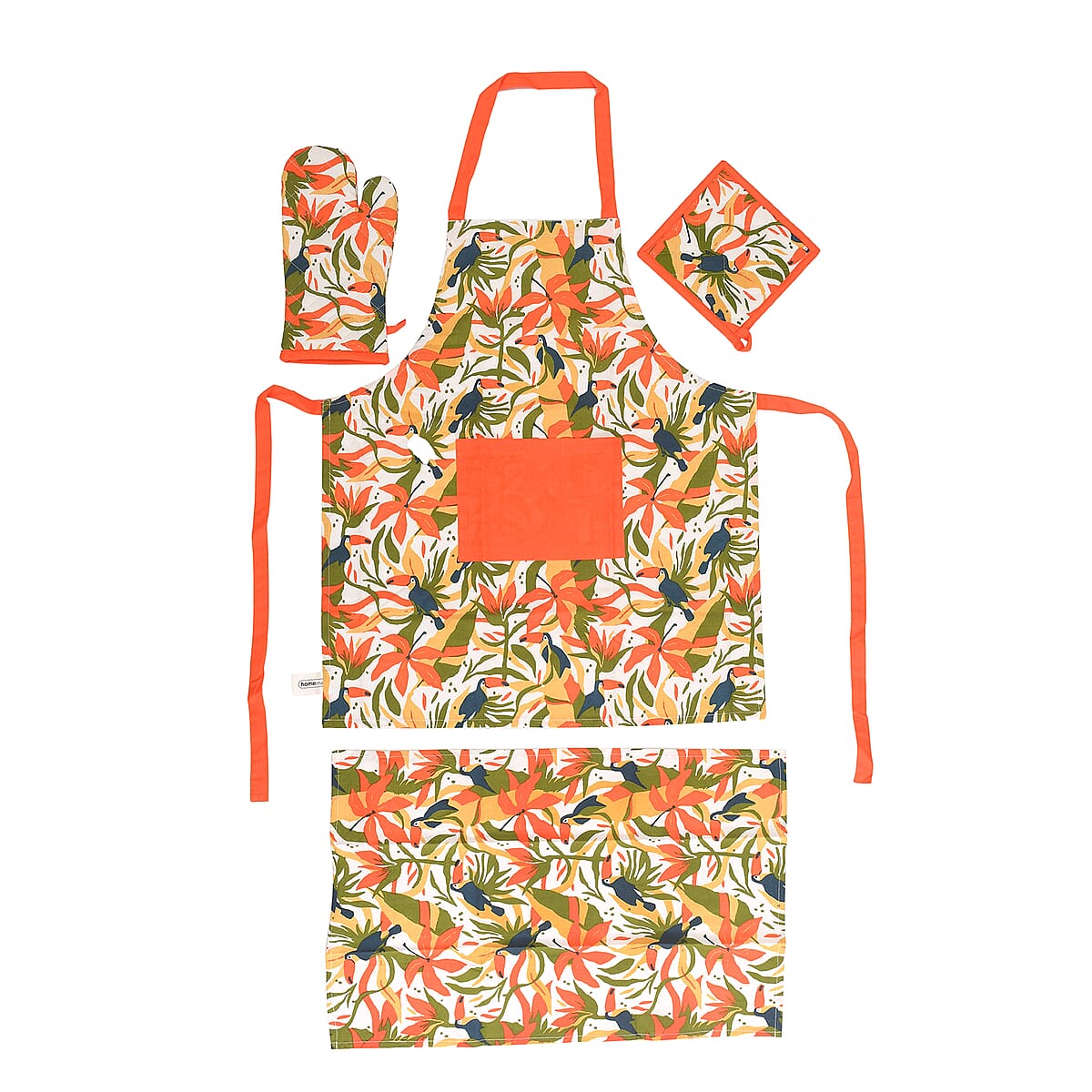 Set of 4 Orange & Green Apron, Glove, Pot Holder & Kitchen Towel (16"x23.5") image number 0