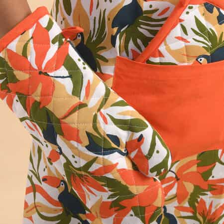 Set of 4 Orange & Green Apron, Glove, Pot Holder & Kitchen Towel image number 2