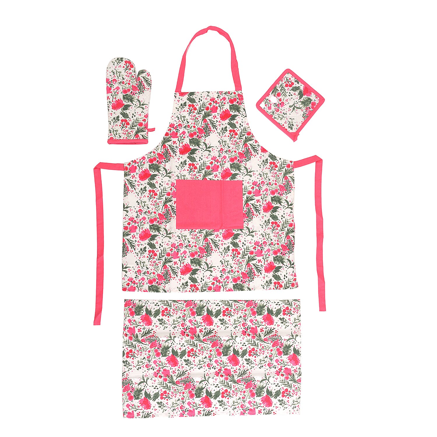 Set of 4 Pink & Green Apron, Glove, Pot Holder & Kitchen Towel