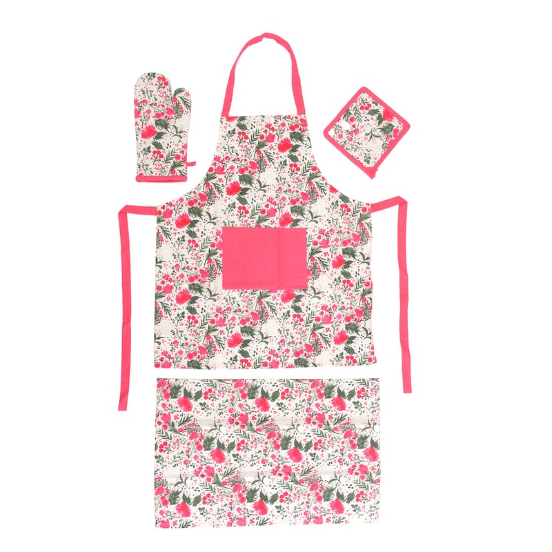 Set of 4 Pink & Green Apron, Glove, Pot Holder & Kitchen Towel