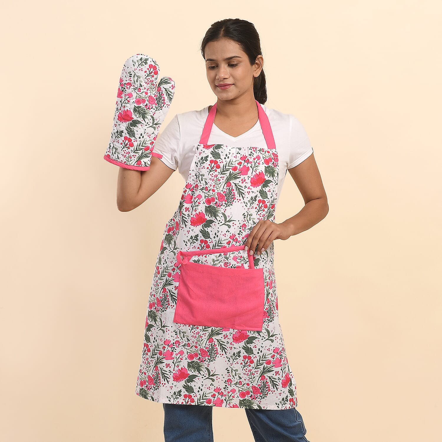 Set of 4 Pink & Green Apron, Glove, Pot Holder & Kitchen Towel