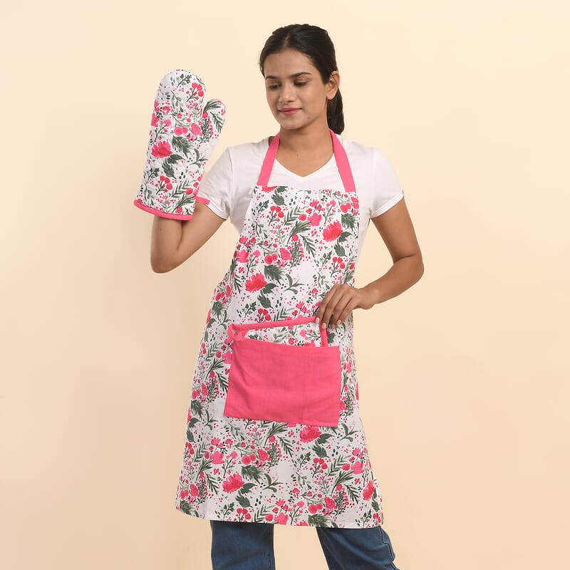 Set of 4 Pink & Green Apron, Glove, Pot Holder & Kitchen Towel