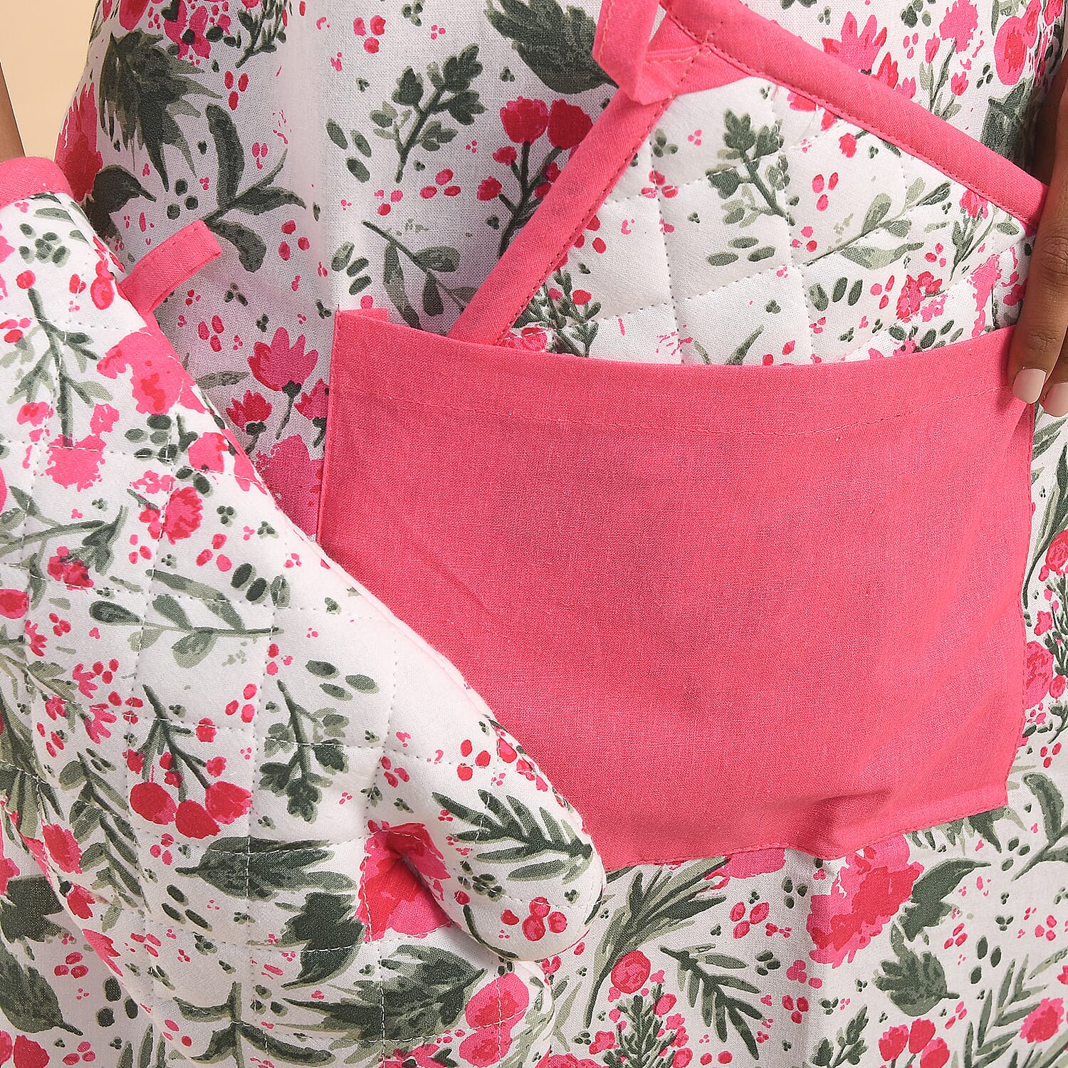 Set of 4 Pink & Green Apron, Glove, Pot Holder & Kitchen Towel