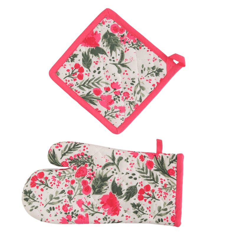 Set of 4 Pink & Green Apron, Glove, Pot Holder & Kitchen Towel