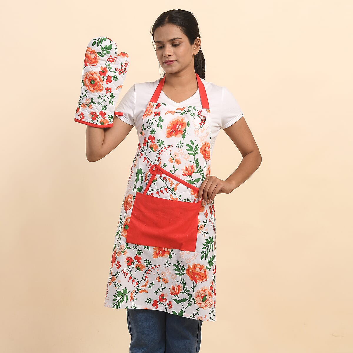 Set of 4 Coral & Green Apron, Glove, Pot Holder & Kitchen Towel image number 1