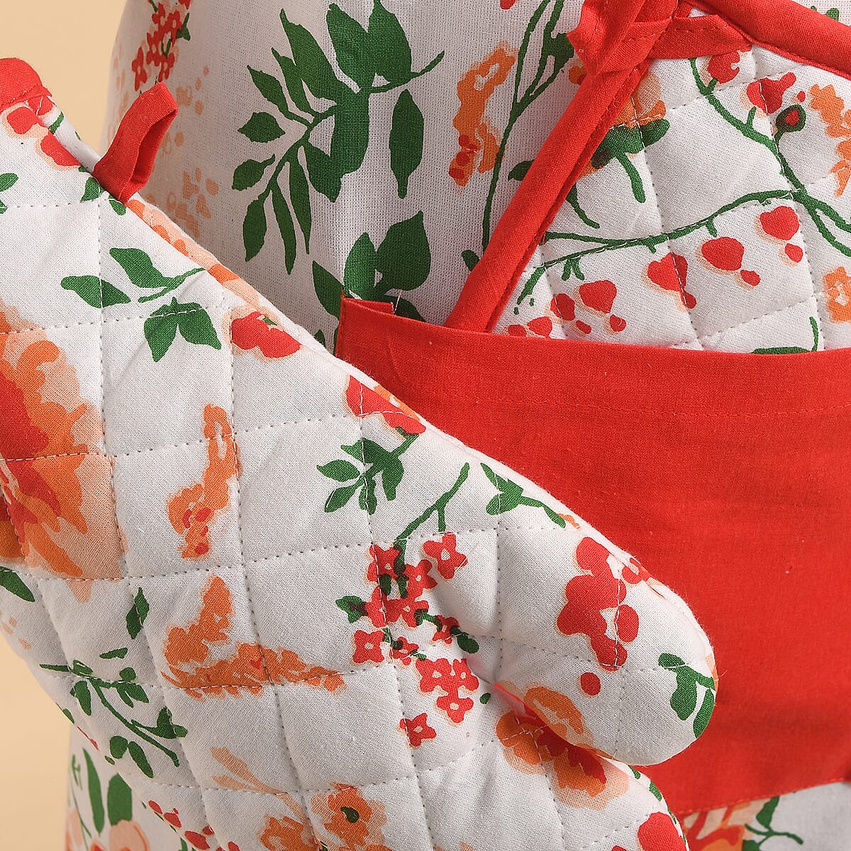 Set of 4 Coral & Green Apron, Glove, Pot Holder & Kitchen Towel image number 2