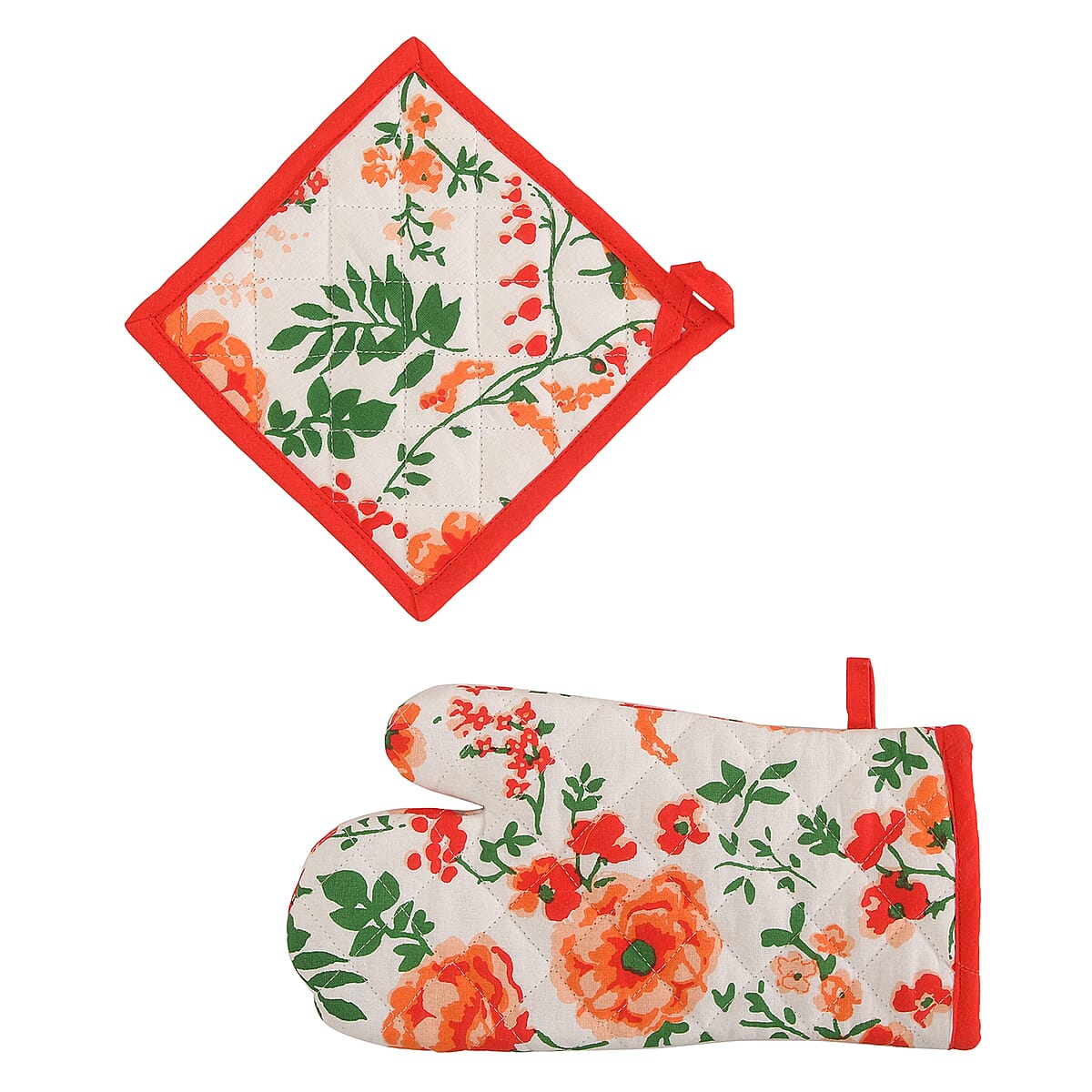 Set of 4 Coral & Green Apron, Glove, Pot Holder & Kitchen Towel image number 5