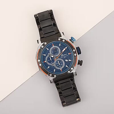 Genoa Multi-Functional Quartz Movement Watch with Navy Dial & ION Plated Black Stainless Steel Strap (49 mm)
