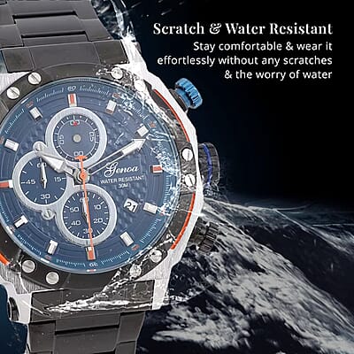 Genoa Multi-Functional Quartz Movement Watch with Navy Dial & ION Plated Black Stainless Steel Strap (49 mm)