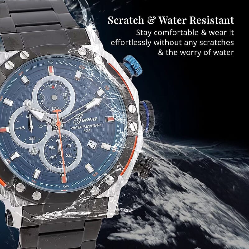 Genoa Multi-Functional Quartz Movement Watch with Navy Dial & ION Plated Black Stainless Steel Strap (49 mm)
