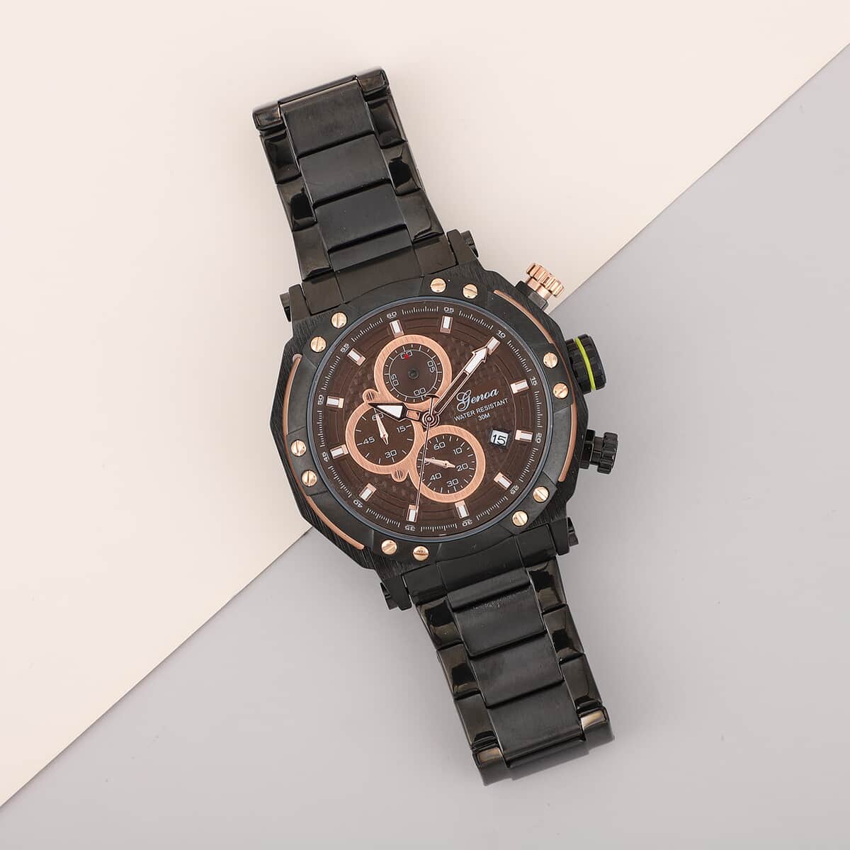 Genoa Multi-Functional Quartz Movement Watch with Chocolate Color Dial & ION Plated Black Stainless Steel Strap (49 mm) image number 1