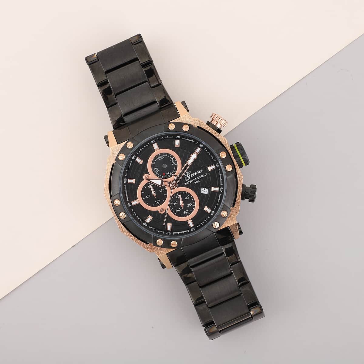 Genoa Multi-Functional Quartz Movement Watch with Black Dial & ION Plated Black Stainless Steel Strap (49 mm) image number 1