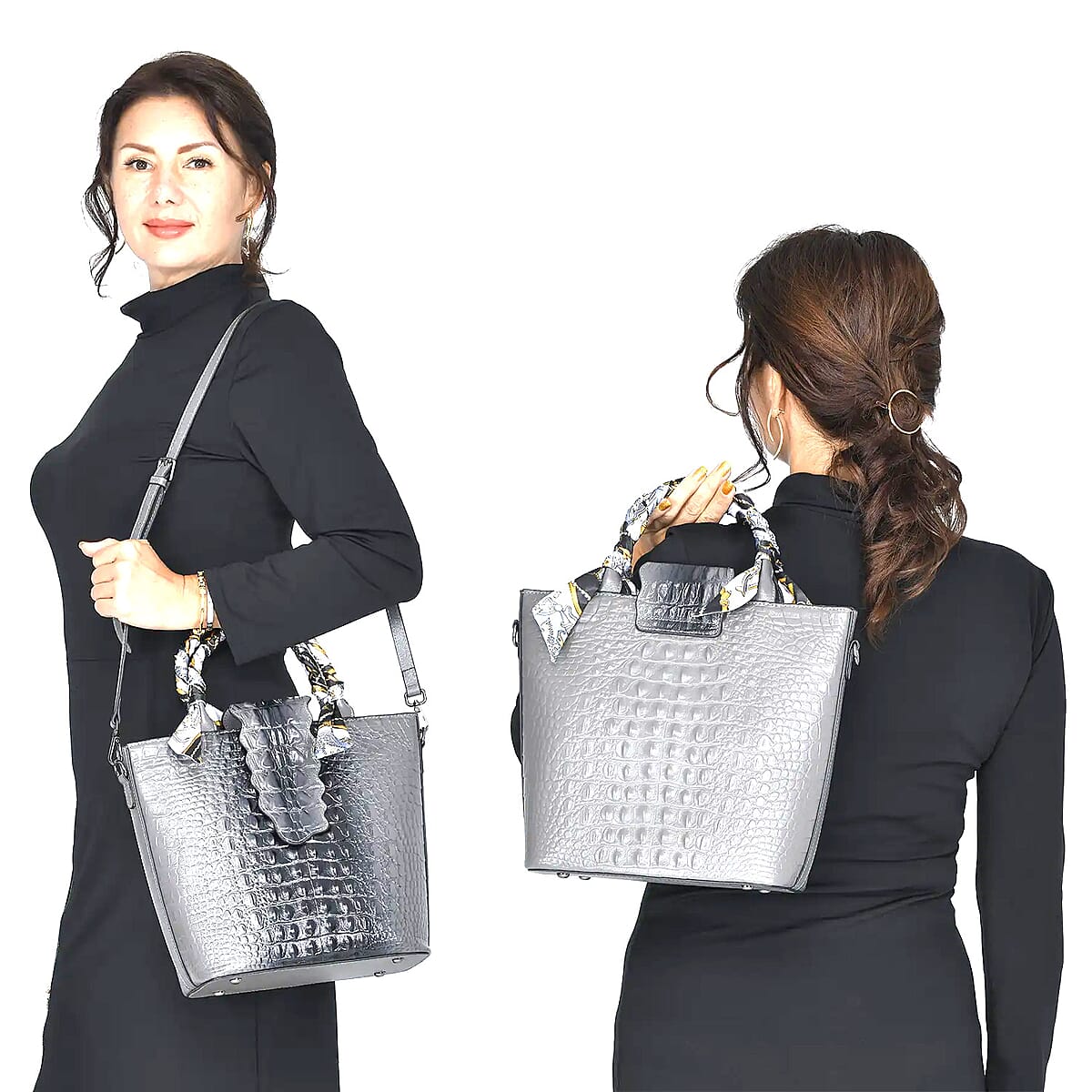 Gray Embossed Crocodile Genuine Leather Tote Bag for Women, Satchel Purse, Shoulder Handbag image number 1