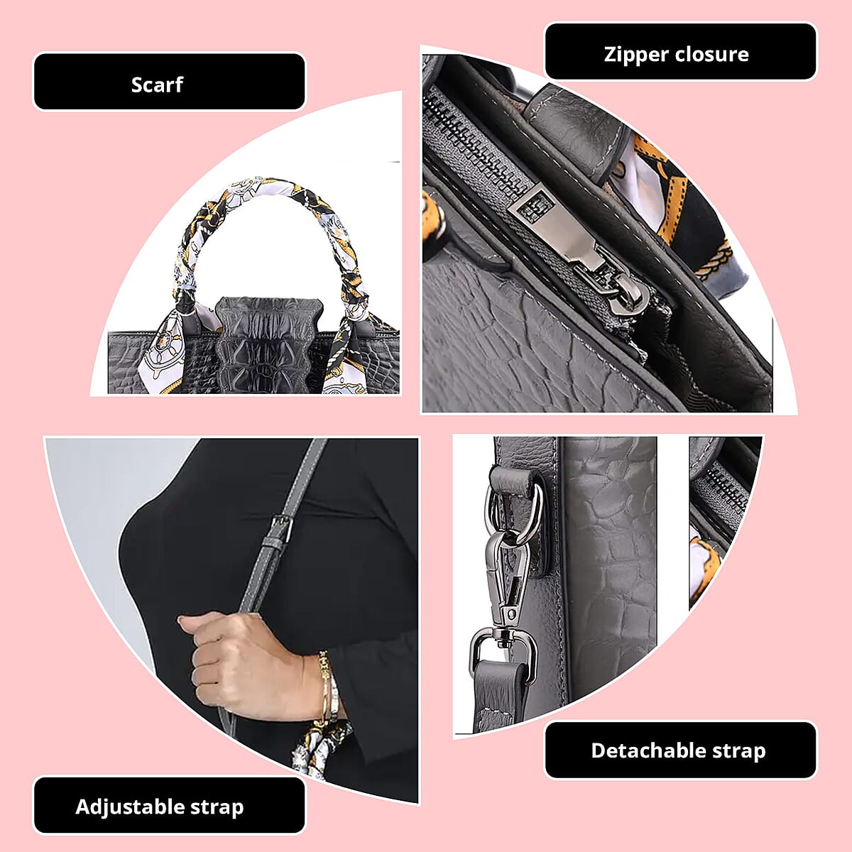 Gray Embossed Crocodile Genuine Leather Tote Bag for Women, Satchel Purse, Shoulder Handbag image number 2