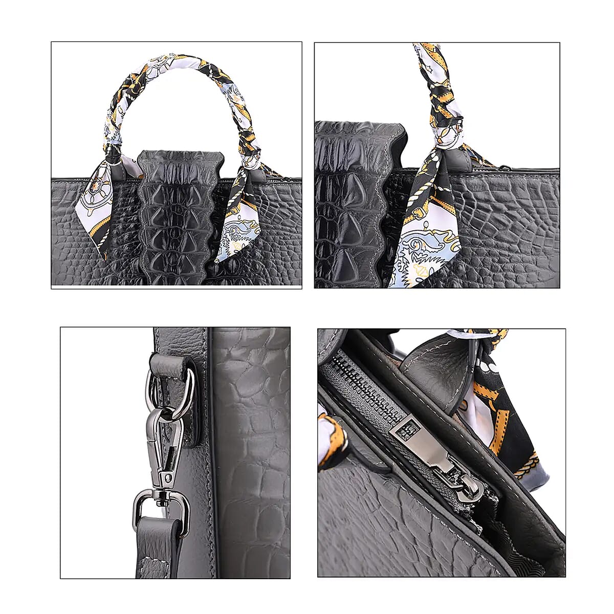 Gray Embossed Crocodile Genuine Leather Tote Bag for Women, Satchel Purse, Shoulder Handbag image number 5