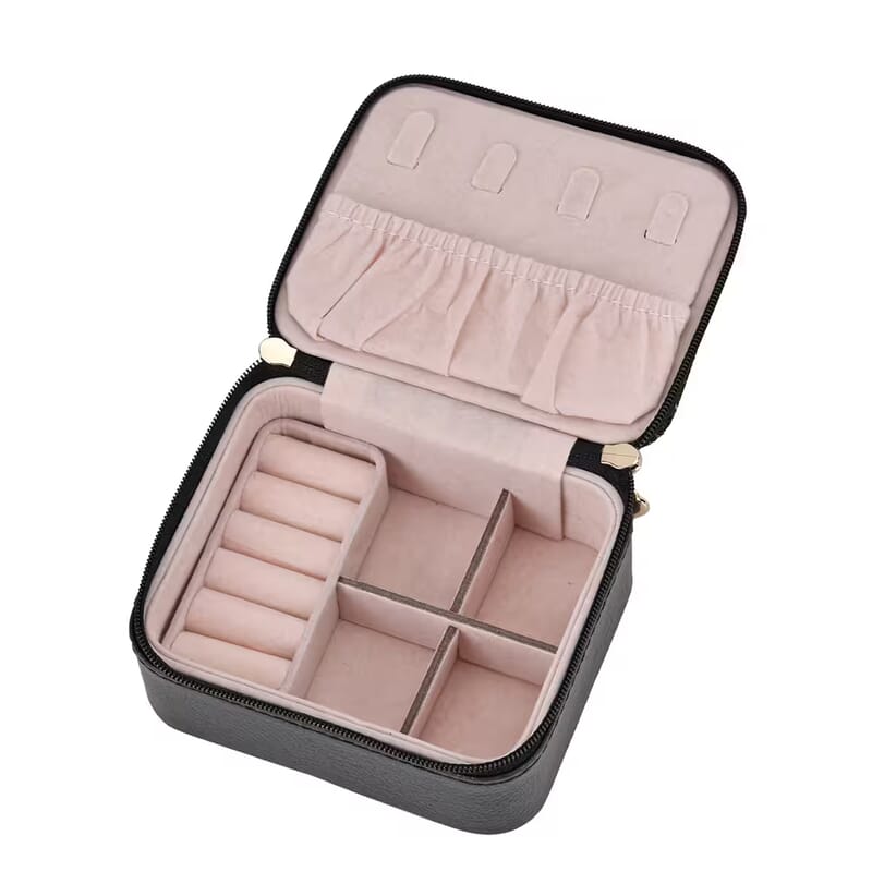 Black Faux Leather, Glittery Jewelry Box (4 Necklace Hooks, 10 Rings Slot)