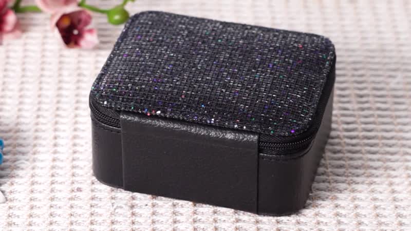 Black Faux Leather, Glittery Jewelry Box (4.33"x3.70"x2.2") (4 Necklace Hooks, 10 Rings Slot)