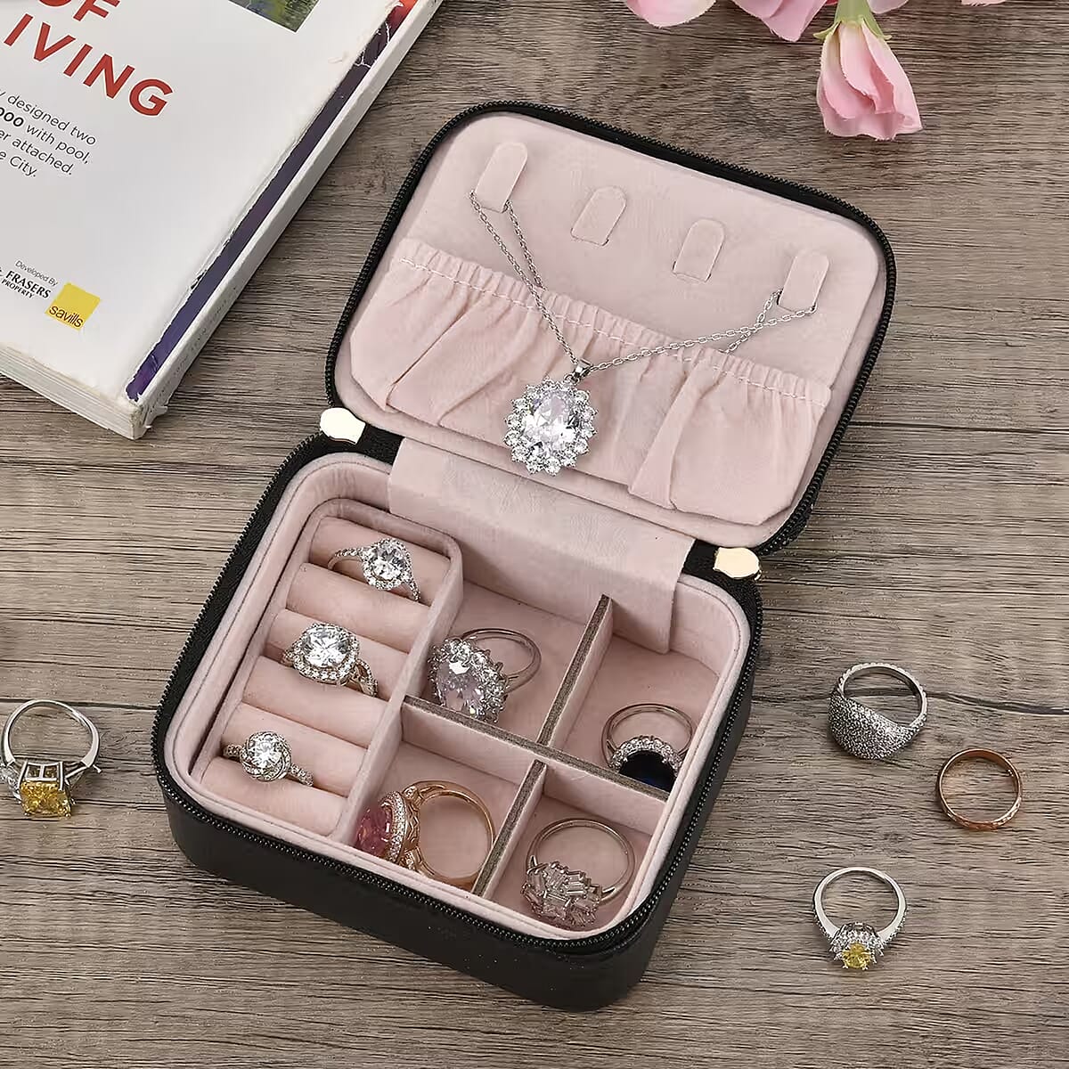 Black Faux Leather, Glittery Jewelry Box (4 Necklace Hooks, 10 Rings Slot) image number 1