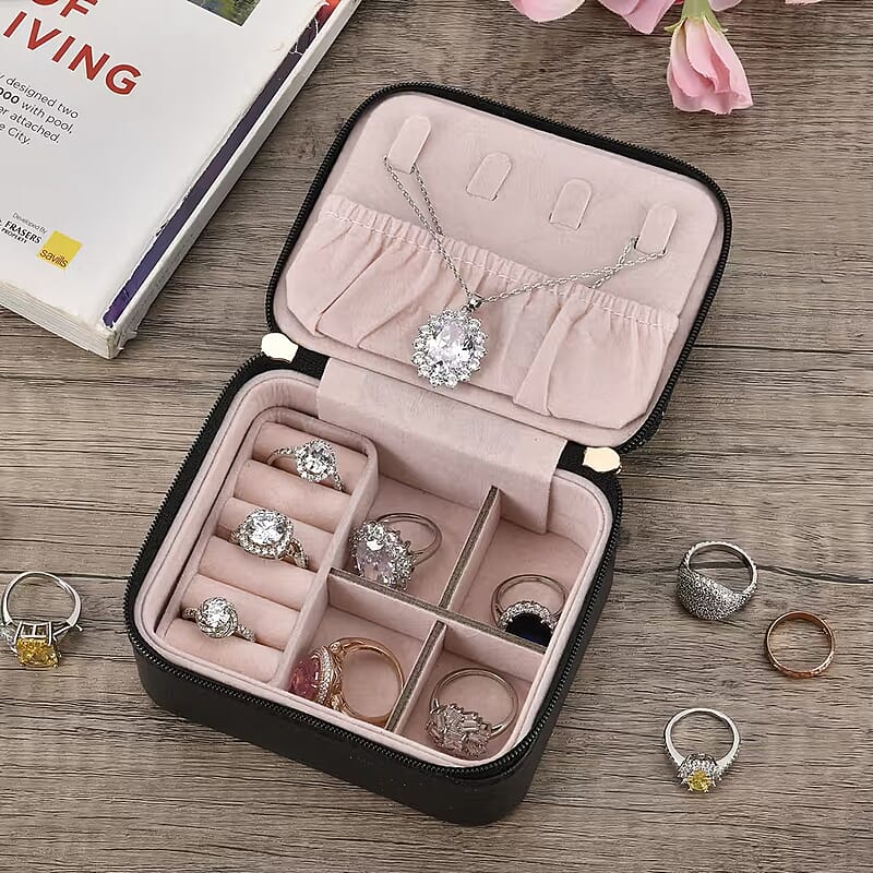 Black Faux Leather, Glittery Jewelry Box (4 Necklace Hooks, 10 Rings Slot)