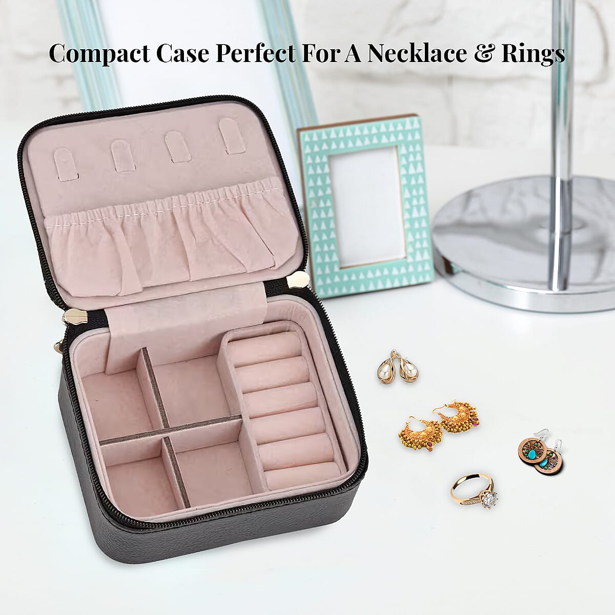 Black Faux Leather, Glittery Jewelry Box (4 Necklace Hooks, 10 Rings Slot) image number 4