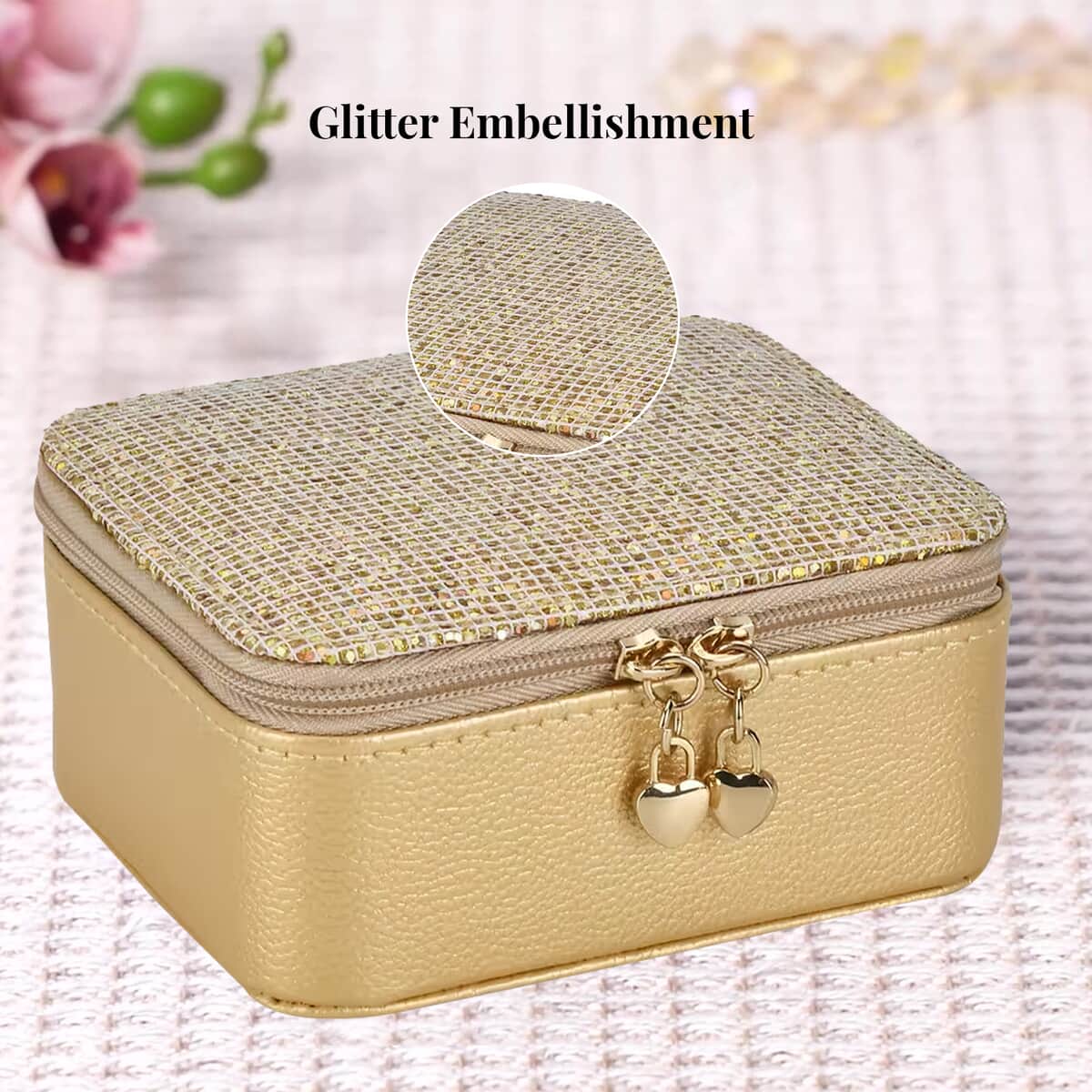 Gold Color Faux Leather, Glittery Jewelry Box (4 Necklace Hooks, 10 Rings Slot) image number 3