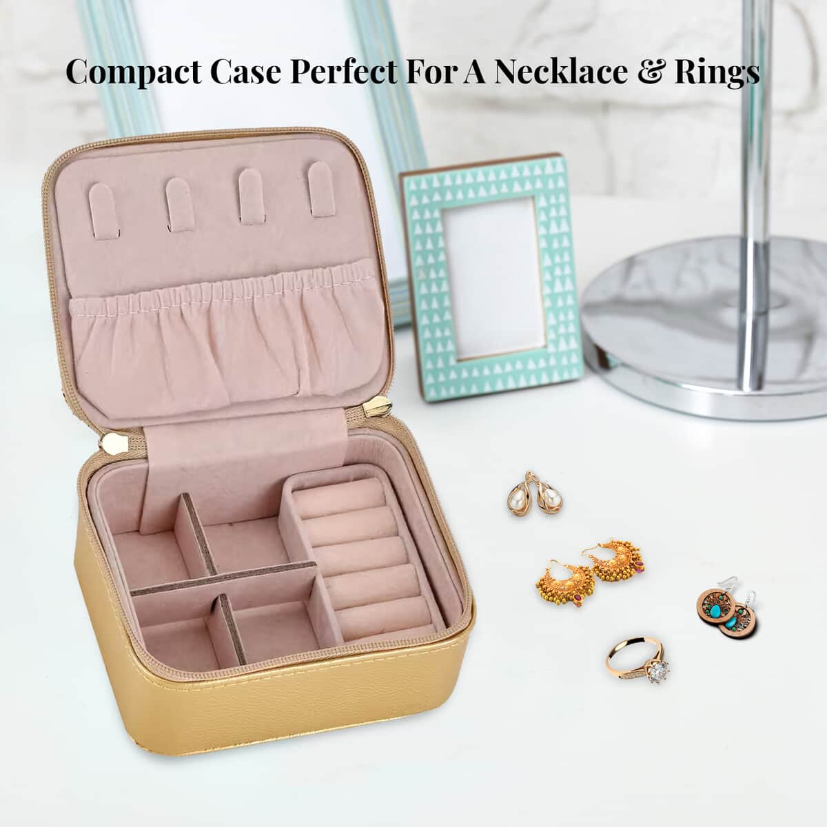 Gold Color Faux Leather, Glittery Jewelry Box (4 Necklace Hooks, 10 Rings Slot) image number 4