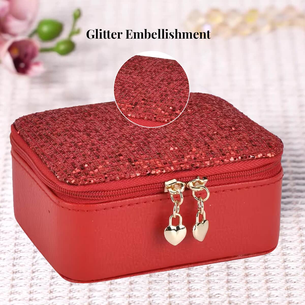 Red Faux Leather, Glittery Jewelry Box (4 Necklace Hooks, 10 Rings Slot) image number 3