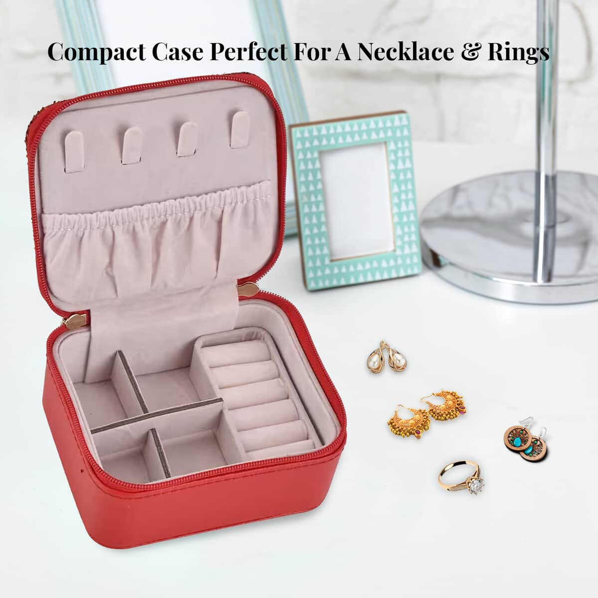 Red Faux Leather, Glittery Jewelry Box (4 Necklace Hooks, 10 Rings Slot) image number 4