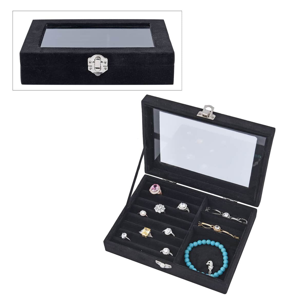 Black Velvet Jewelry Box with Anti Tarnish Lining & Lock (Rings Hold Up to 28, Brooch, Pendant, Earrings) image number 0