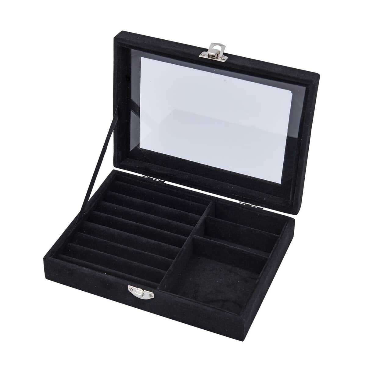 Black Velvet Jewelry Box with Anti Tarnish Lining & Lock (8x6x2) (Rings Hold Up to 28, Brooch, Pendant, Earrings) image number 4