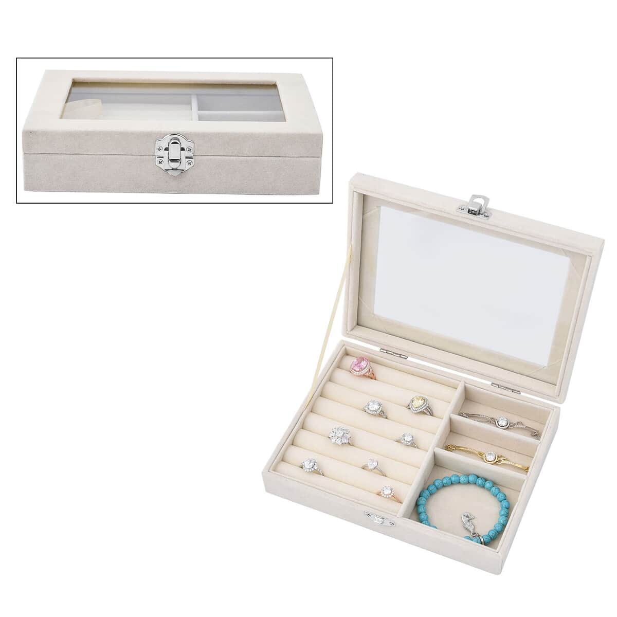 Cream Velvet Jewelry Box with Anti Tarnish Lining & Lock (Rings Hold Up to 28, Brooch, Pendant, Earrings) image number 0