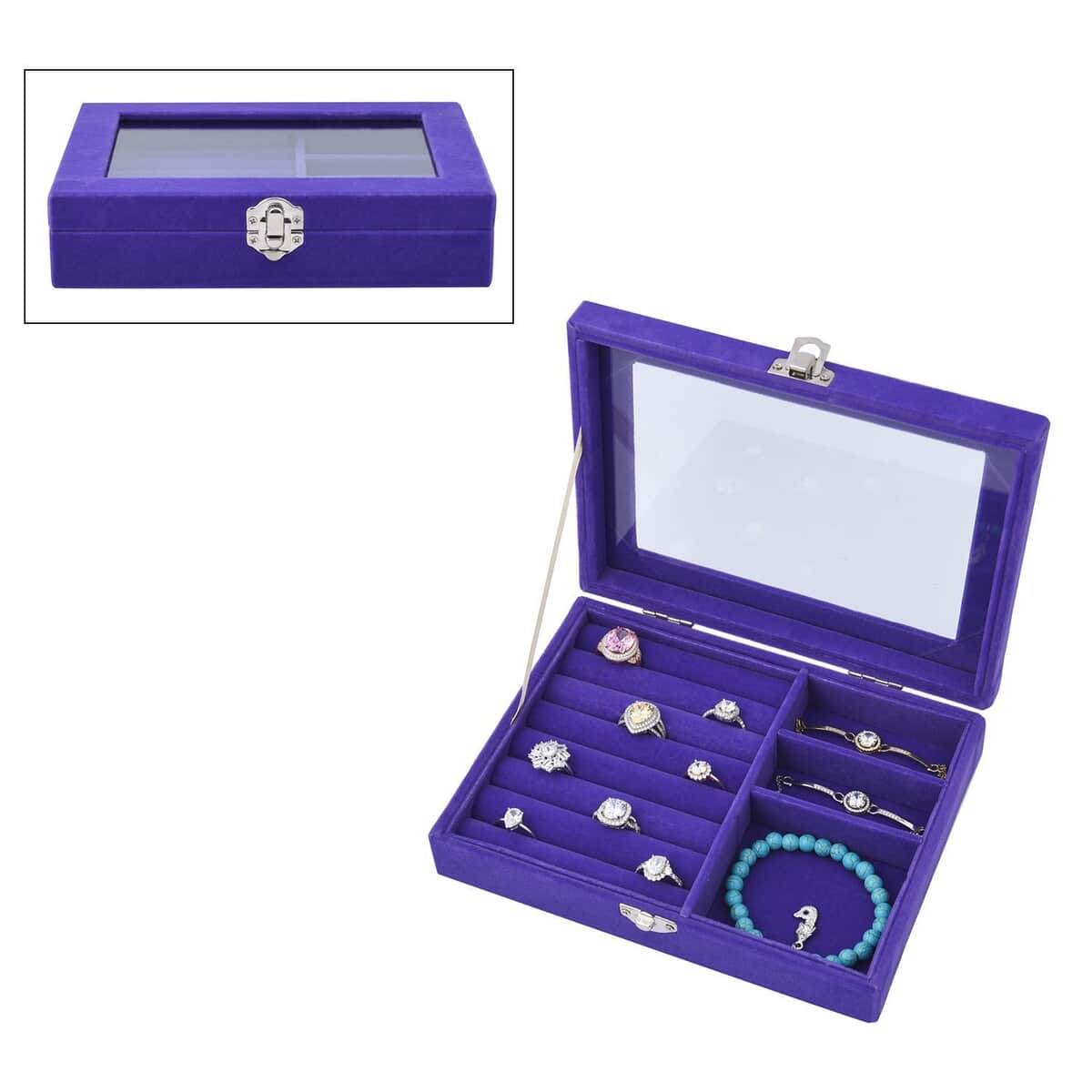 Purple Velvet Jewelry Box with Anti Tarnish Lining & Lock (Rings Hold Up to 28, Brooch, Pendant, Earrings) image number 0