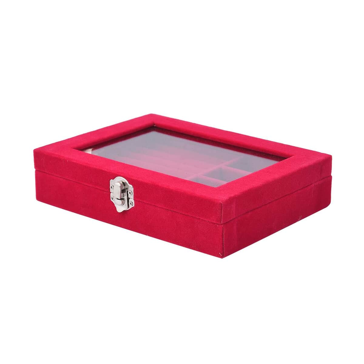 Rose Red Velvet Jewelry Box with Anti Tarnish Lining & Lock (Rings Hold Up to 28, Brooch, Pendant, Earrings) image number 2