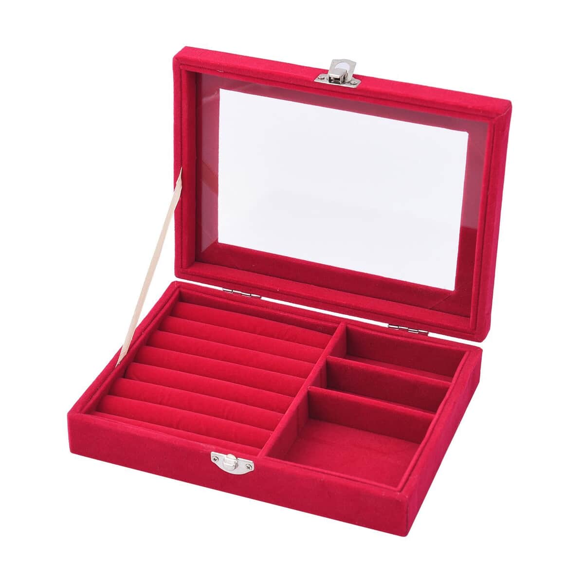 Rose Red Velvet Jewelry Box with Anti Tarnish Lining & Lock (Rings Hold Up to 28, Brooch, Pendant, Earrings) image number 4