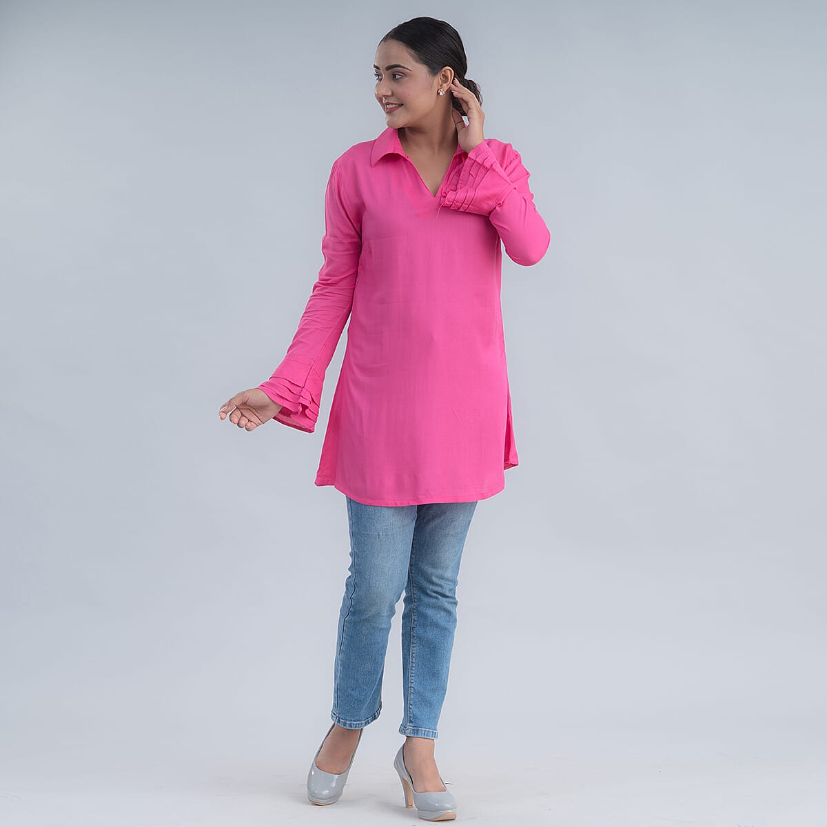 Tamsy Dark Pink V-neck Collar Top - L image number 2