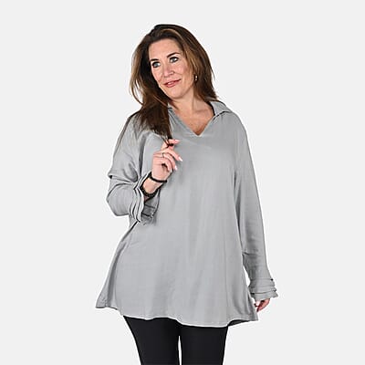 Tamsy Light Gray V-Neck Collar Long Sleeve Top - M